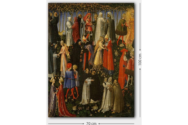 Canvastavla 70x100 cm - Scen med flera personer i medeltida kläder som interagerar i en trädgårdsmiljö - Röd / Vit / Svart - Inredning - Tavlor & konst - Canvastavlor