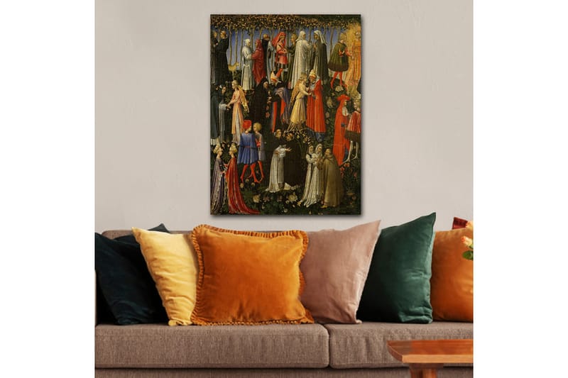 Canvastavla 70x100 cm - Scen med flera personer i medeltida kläder som interagerar i en trädgårdsmiljö - Röd / Vit / Svart - Inredning - Tavlor & konst - Canvastavlor