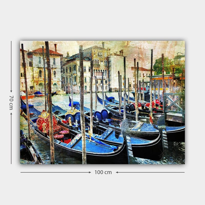 Canvastavla 70x100 cm - Scen med gondoler i en venetiansk kanal, omgiven av historiska byggnader - Blå / Röd / Svart - Inredning - Tavlor & konst - Canvastavlor