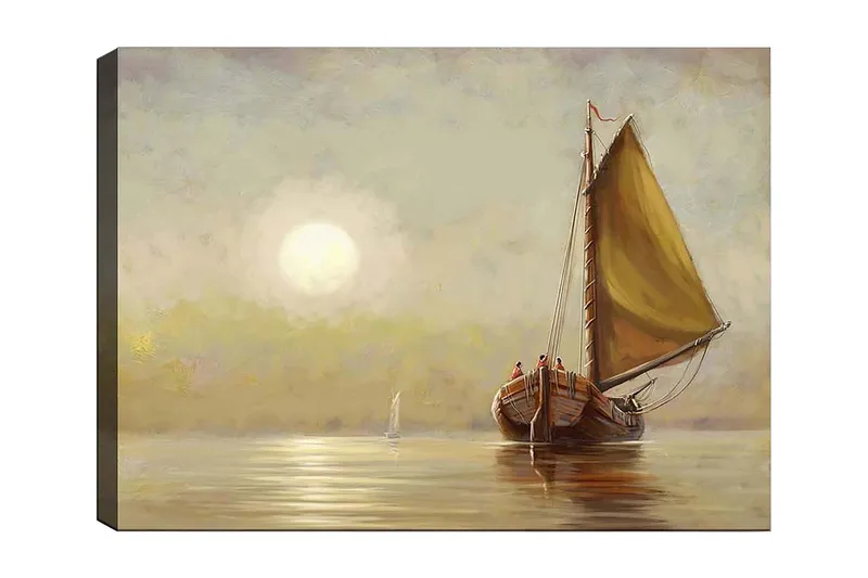 Canvastavla 70x100 cm - Segelbåt med bruna detaljer och en stor gul segel i en stilla sjö under en mjuk soluppgång, Gul / Brun / Beige