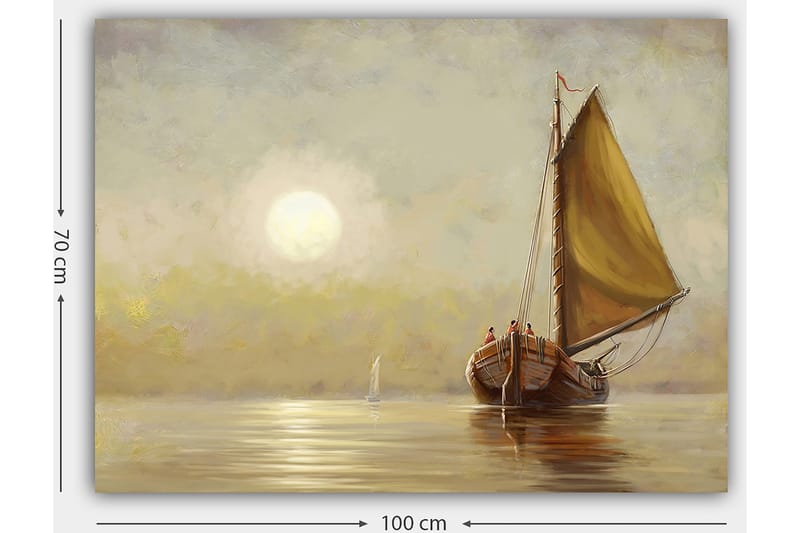 Canvastavla 70x100 cm - Segelbåt med bruna detaljer och en stor gul segel i en stilla sjö under en mjuk soluppgång - Gul / Brun / Beige - Inredning - Tavlor & konst - Canvastavlor
