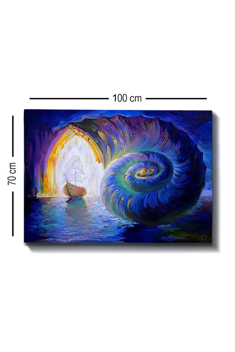 Canvastavla 70x100 cm - Segelbåt navigerar genom en stor snäcka som öppnar sig mot en ljusare värld - Blå / Grön / Lila - Inredning - Tavlor & konst - Canvastavlor