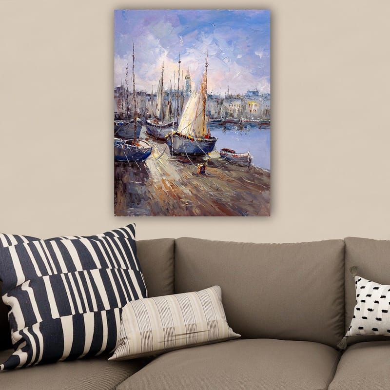 Canvastavla 70x100 cm - Segelbåtar i hamn under en klar himmel - Blå / Vit / Beige - Inredning - Tavlor & konst - Canvastavlor