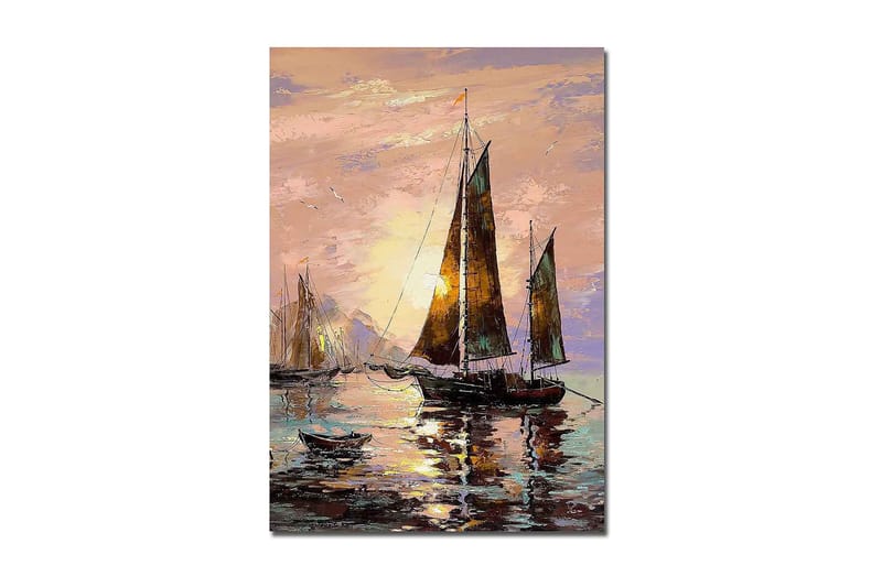 Canvastavla 70x100 cm - Segelbåtar i solnedgång vid havet - Mörkbrun / Guld / Ljusrosa - Inredning - Tavlor & konst - Canvastavlor