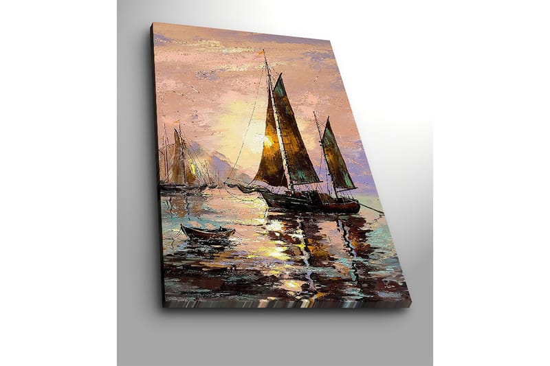 Canvastavla 70x100 cm - Segelbåtar i solnedgång vid havet - Mörkbrun / Guld / Ljusrosa - Inredning - Tavlor & konst - Canvastavlor