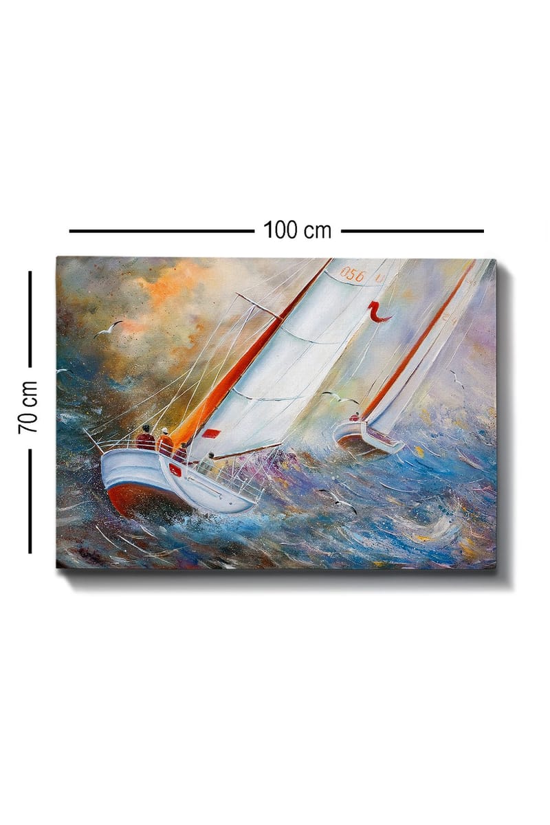 Canvastavla 70x100 cm - Segelbåtar som navigerar genom kraftiga vågor i en dramatisk havsmiljö - Vit / Orange / Blå - Inredning - Tavlor & konst - Canvastavlor
