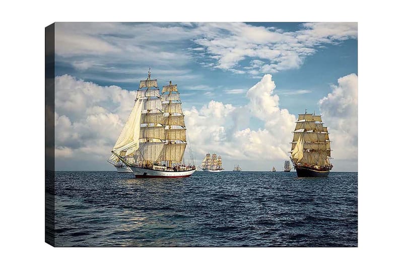 Canvastavla 70x100 cm - Segelbåtar som navigerar på ett öppet hav under en klar himmel, Blå / Vit / Beige