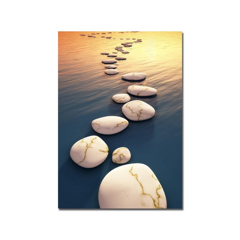 Canvastavla 70x100 cm - Serie av vita stenar med guldiga ådror som flyter på en djupblå yta vid solnedgången - Vit / Blå / Guld - Inredning - Tavlor & konst - Canvastavlor