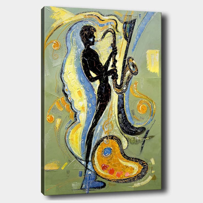 Canvastavla 70x100 cm - Silhuett av en saxofonist omgiven av musikaliska element och färgglada mönster - Svart / Guld / Blå - Inredning - Tavlor & konst - Canvastavlor