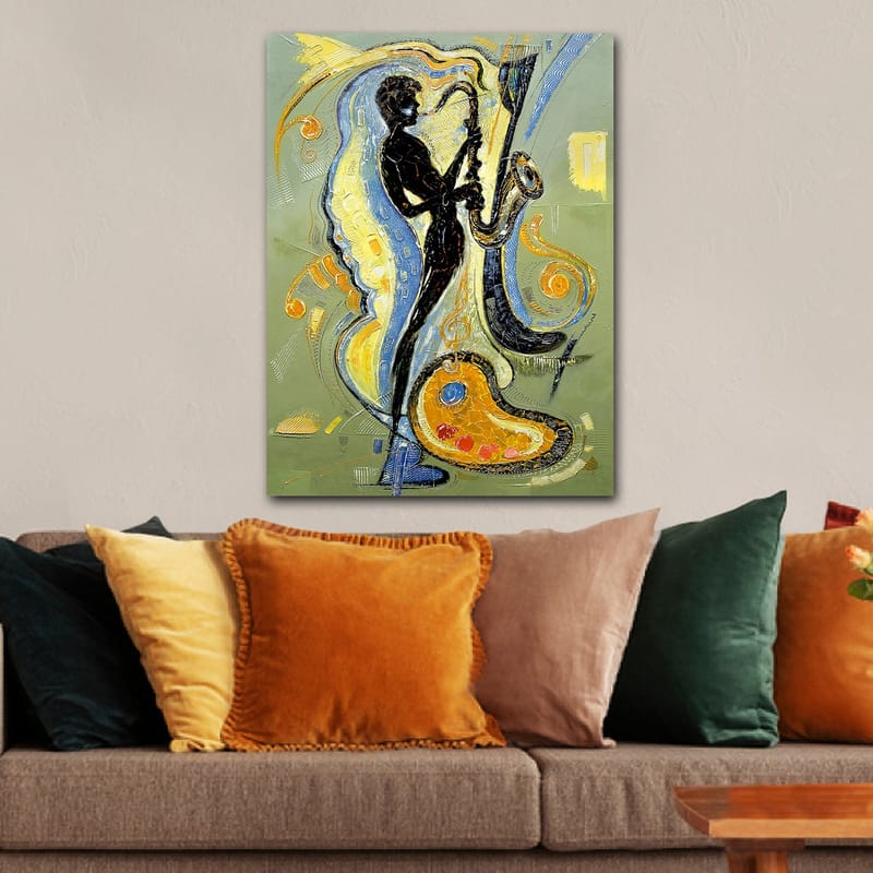 Canvastavla 70x100 cm - Silhuett av en saxofonist omgiven av musikaliska element och färgglada mönster - Svart / Guld / Blå - Inredning - Tavlor & konst - Canvastavlor