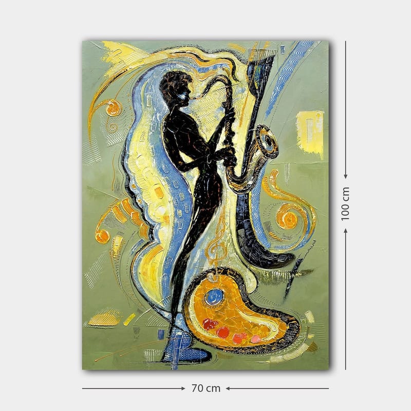 Canvastavla 70x100 cm - Silhuett av en saxofonist omgiven av musikaliska element och färgglada mönster - Svart / Guld / Blå - Inredning - Tavlor & konst - Canvastavlor