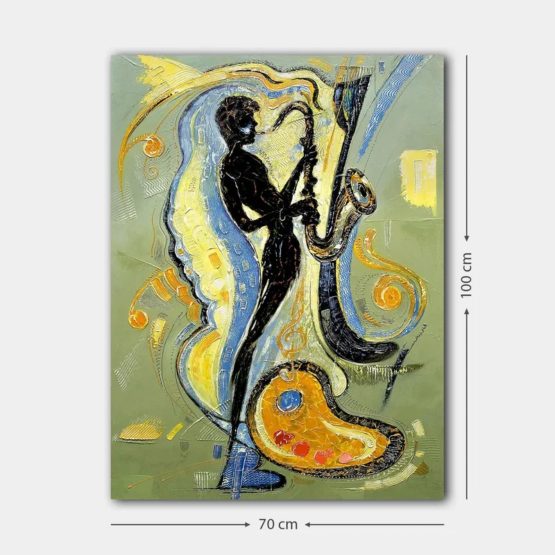 Canvastavla 70x100 cm - Silhuett av en saxofonist omgiven av musikaliska element och färgglada mönster - Svart / Guld / Blå - Inredning - Tavlor & konst - Canvastavlor