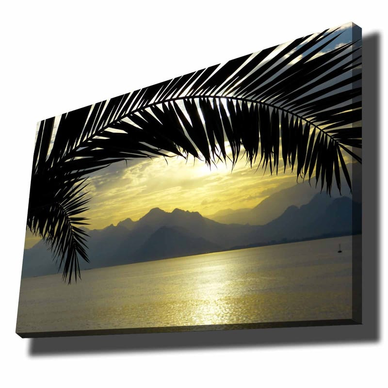 Canvastavla 70x100 cm - Silhuett av palmer mot en gyllene solnedgång över bergen och havet - Svart / Guld / Grå - Inredning - Tavlor & konst - Canvastavlor