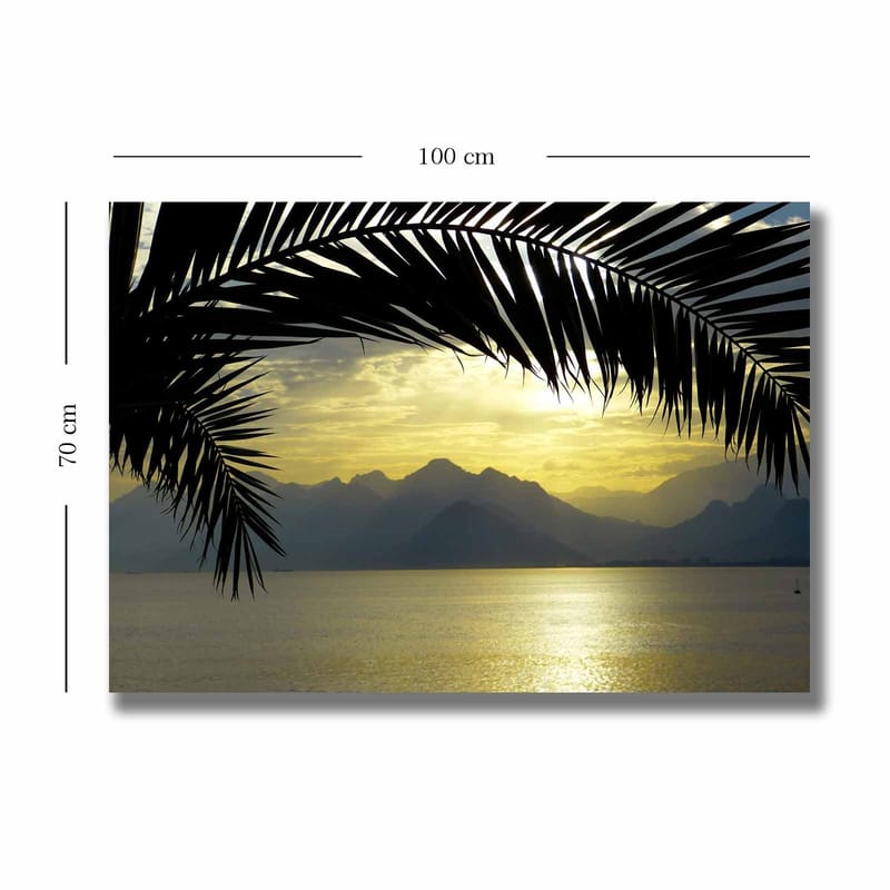 Canvastavla 70x100 cm - Silhuett av palmer mot en gyllene solnedgång över bergen och havet - Svart / Guld / Grå - Inredning - Tavlor & konst - Canvastavlor