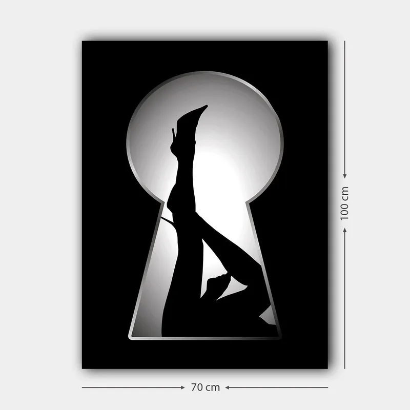Canvastavla 70x100 cm - Silhuetten av en kvinna i högklackade skor genom ett nyckelhål - Svart / Vitt - Inredning - Tavlor & konst - Canvastavlor