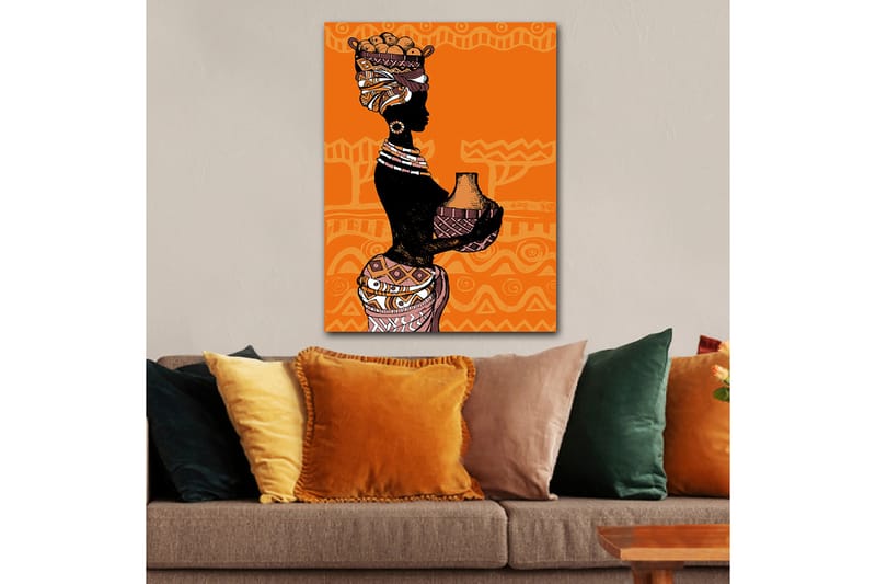 Canvastavla 70x100 cm - Silhuetten av en kvinna med en kruka och frukter på huvudet, omgiven av geometriska mönster - Svart / Orange / Beige - Inredning - Tavlor & konst - Canvastavlor