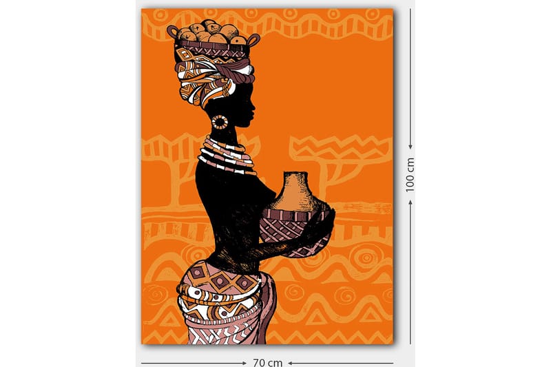 Canvastavla 70x100 cm - Silhuetten av en kvinna med en kruka och frukter på huvudet, omgiven av geometriska mönster - Svart / Orange / Beige - Inredning - Tavlor & konst - Canvastavlor