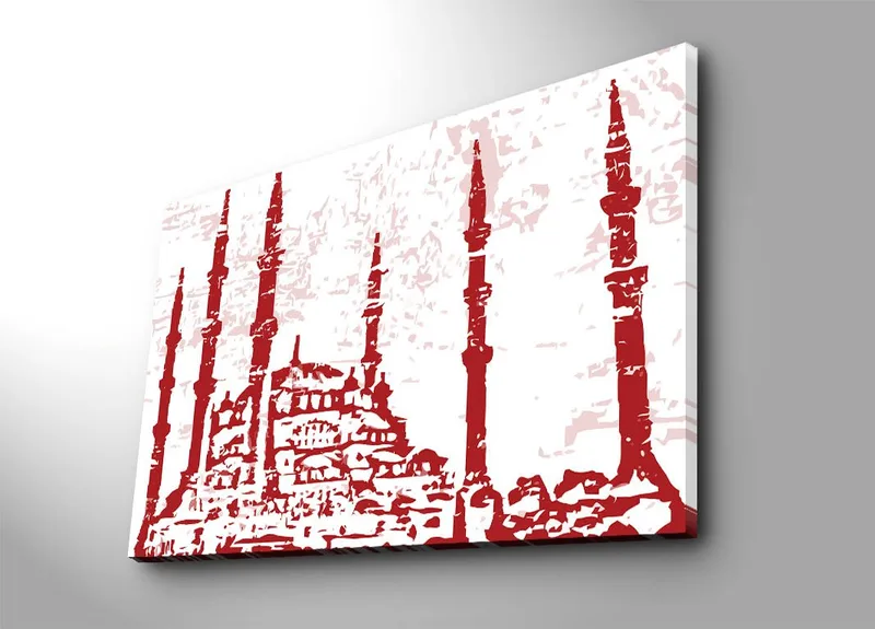 Canvastavla 70x100 cm - Silhuetten av en moské med flera minareter i en stiliserad design, Röd / Ljusrosa
