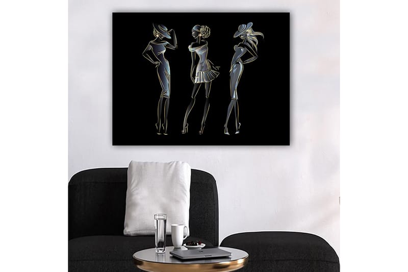 Canvastavla 70x100 cm - Silhuetter av tre eleganta kvinnor i modekläder, Svart / Guld / Vit