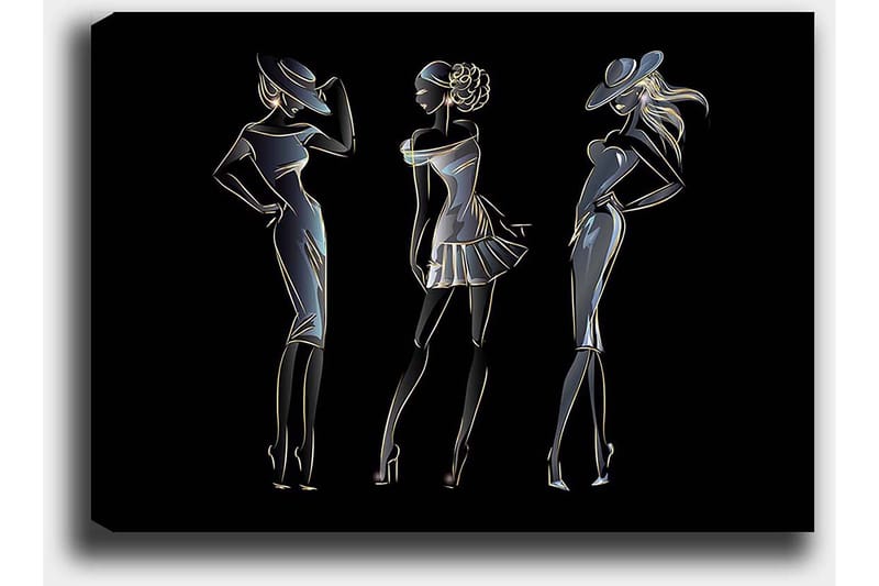 Canvastavla 70x100 cm - Silhuetter av tre eleganta kvinnor i modekläder - Svart / Guld / Vit - Inredning - Tavlor & konst - Canvastavlor