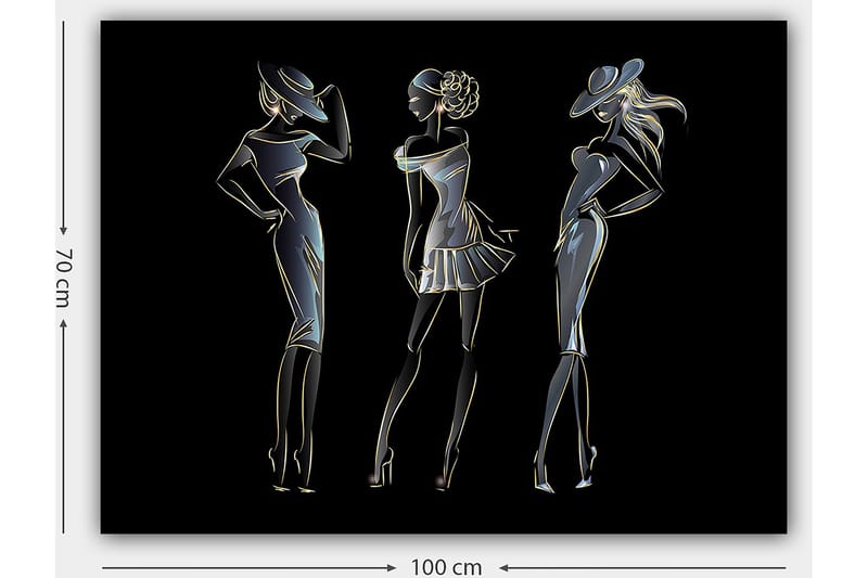Canvastavla 70x100 cm - Silhuetter av tre eleganta kvinnor i modekläder - Svart / Guld / Vit - Inredning - Tavlor & konst - Canvastavlor