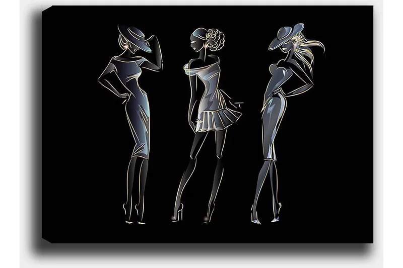 Canvastavla 70x100 cm - Silhuetter av tre eleganta kvinnor i modekläder - Svart / Guld / Vit - Inredning - Tavlor & konst - Canvastavlor