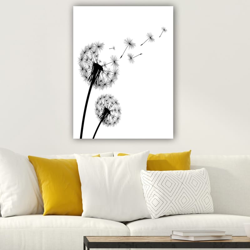 Canvastavla 70x100 cm - Siluetter av maskrosor som sprider sina frön i vinden - Svart / Vitt - Inredning - Tavlor & konst - Canvastavlor
