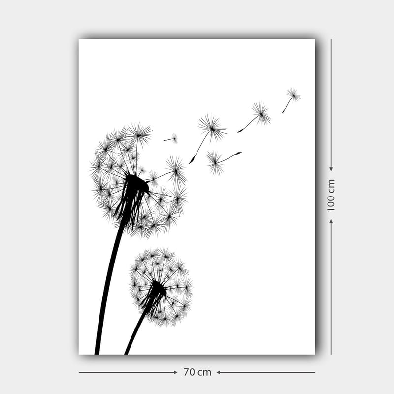 Canvastavla 70x100 cm - Siluetter av maskrosor som sprider sina frön i vinden - Svart / Vitt - Inredning - Tavlor & konst - Canvastavlor