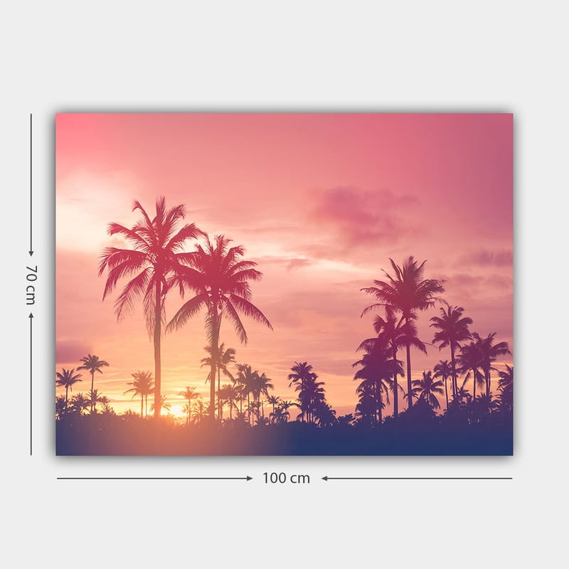 Canvastavla 70x100 cm - Siluetter av palmer mot en färgsprakande solnedgång - Rosa / Lila / Svart - Inredning - Tavlor & konst - Canvastavlor
