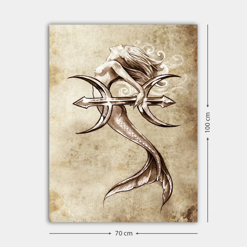 Canvastavla 70x100 cm - Siren som håller i en trident och sträcker sig ut mot himlen - Beige / Brun / Vit - Inredning - Tavlor & konst - Canvastavlor