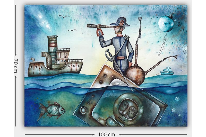 Canvastavla 70x100 cm - Sjöman som står på en båt och spanar med en kikare över havet, omgiven av olika maritima element - Blå / Grön / Brun - Inredning - Tavlor & konst - Canvastavlor