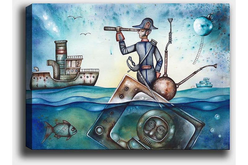 Canvastavla 70x100 cm - Sjöman som står på en båt och spanar med en kikare över havet, omgiven av olika maritima element - Blå / Grön / Brun - Inredning - Tavlor & konst - Canvastavlor
