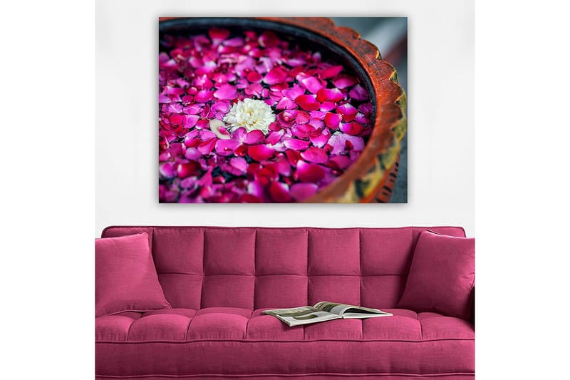 Canvastavla 70x100 cm - Skål med rosa rosblad och en vit blomma som flyter på ytan - Rosa / Vit - Inredning - Tavlor & konst - Canvastavlor