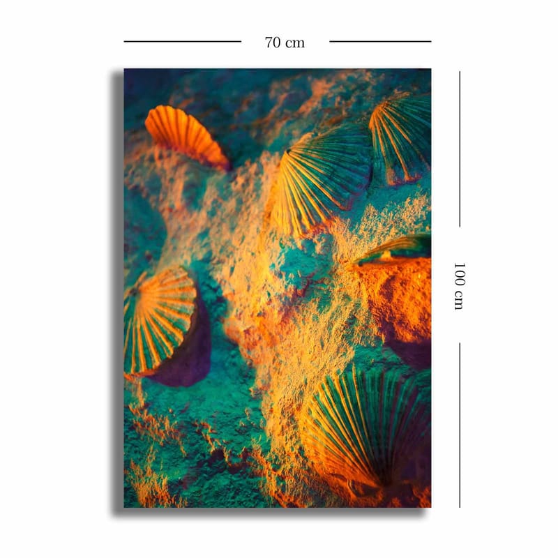 Canvastavla 70x100 cm - Skaldjursskal på sand med en färgglad och drömlik bakgrund - Turkos / Orange / Lila - Inredning - Tavlor & konst - Canvastavlor