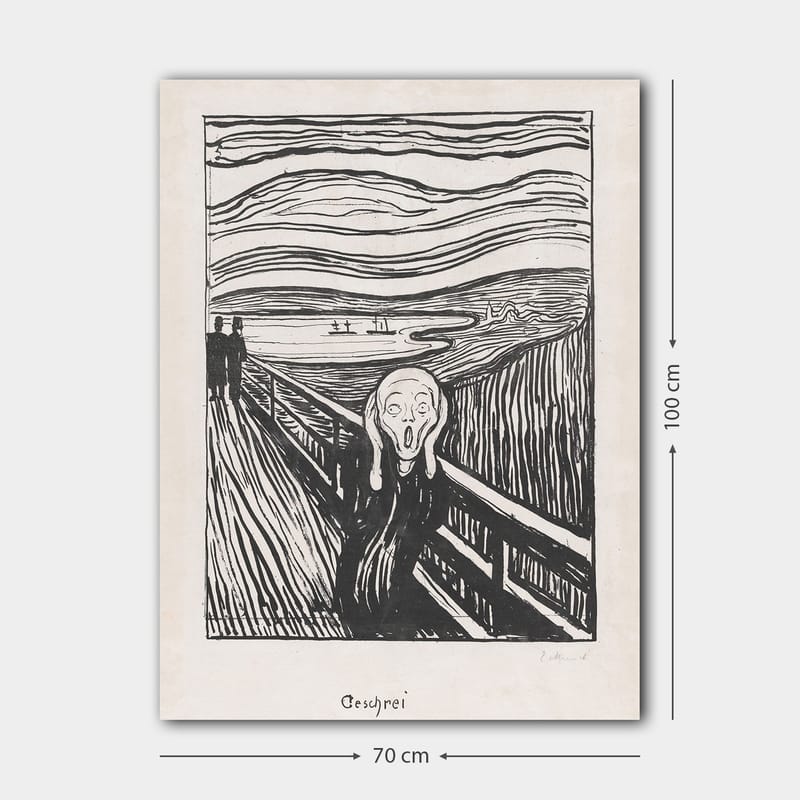 Canvastavla 70x100 cm - Skrikande figur står på en bro med en dramatisk bakgrund av virvlande linjer och en mörk himmel - Svart / Vitt / Grått - Inredning - Tavlor & konst - Canvastavlor