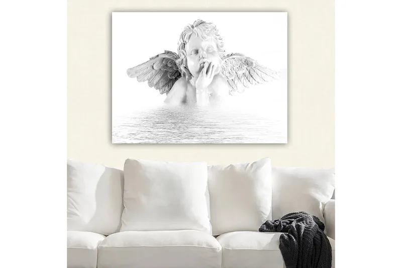Canvastavla 70x100 cm - Skulptur av en ängel med vingar som sitter i en eftertänksam pose - Vit / Grå - Inredning - Tavlor & konst - Canvastavlor