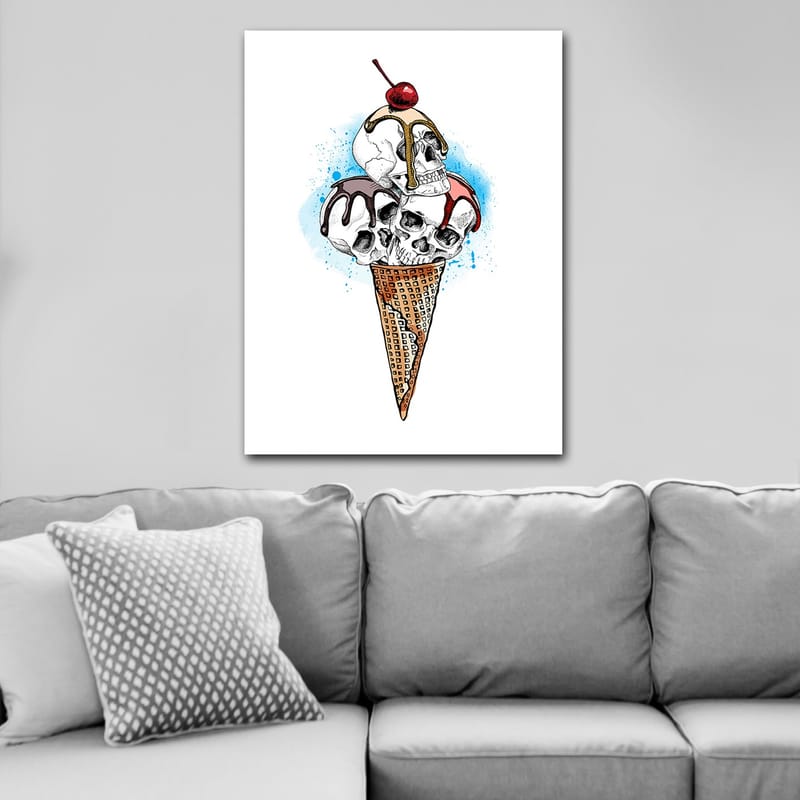 Canvastavla 70x100 cm - Skulptur av en glass med dödskallar som toppas av ett körsbär - Vit / Brun / Röd - Inredning - Tavlor & konst - Canvastavlor