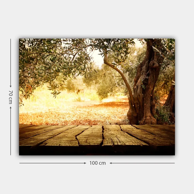 Canvastavla 70x100 cm - Solbelyst landskapsscen med olivträd och en träyta i förgrunden - Guld / Brun / Grön - Inredning - Tavlor & konst - Canvastavlor