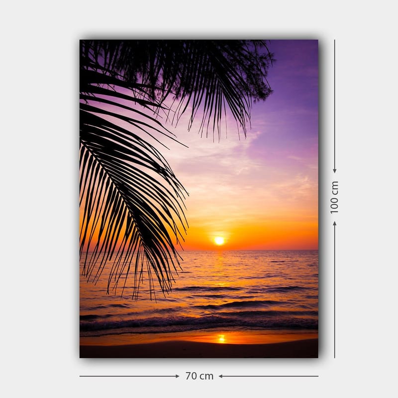 Canvastavla 70x100 cm - Solnedgång över havet med palmer i förgrunden - Lila / Orange / Gult - Inredning - Tavlor & konst - Canvastavlor