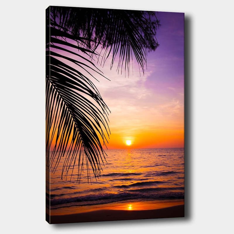 Canvastavla 70x100 cm - Solnedgång över havet med palmer i förgrunden - Lila / Orange / Gult - Inredning - Tavlor & konst - Canvastavlor