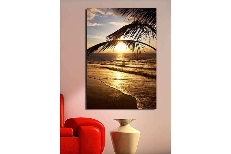 Canvastavla 70x100 cm - Solnedgång över havet med palmer i förgrunden - Guld / Orange / Brunt - Inredning - Tavlor & konst - Canvastavlor
