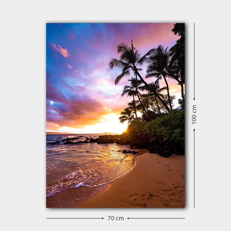 Canvastavla 70x100 cm - Solnedgång vid stranden med palmer som ramas in av färgglada moln - Lila / Orange / Grön - Inredning - Tavlor & konst - Canvastavlor