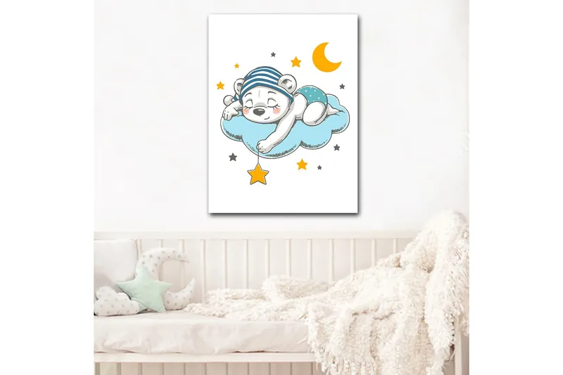 Canvastavla 70x100 cm - Sovande isbjörn som ligger på en moln med stjärnor och en måne runt omkring sig - Blå / Gul / Svart - Inredning - Tavlor & konst - Canvastavlor