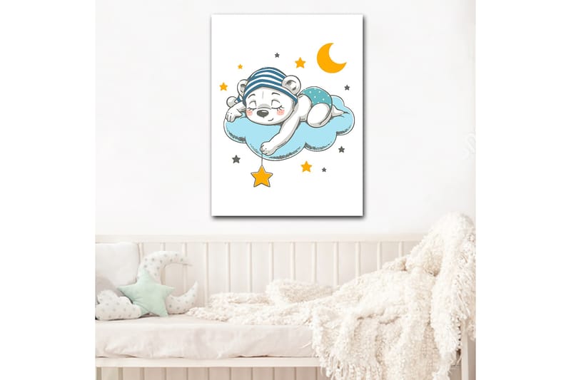 Canvastavla 70x100 cm - Sovande isbjörn som ligger på en moln med stjärnor och en måne runt omkring sig - Blå / Gul / Svart - Inredning - Tavlor & konst - Canvastavlor