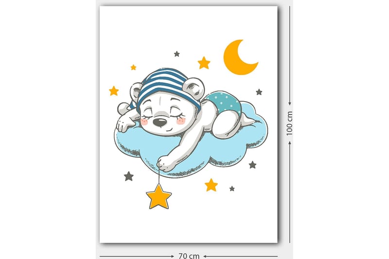 Canvastavla 70x100 cm - Sovande isbjörn som ligger på en moln med stjärnor och en måne runt omkring sig - Blå / Gul / Svart - Inredning - Tavlor & konst - Canvastavlor