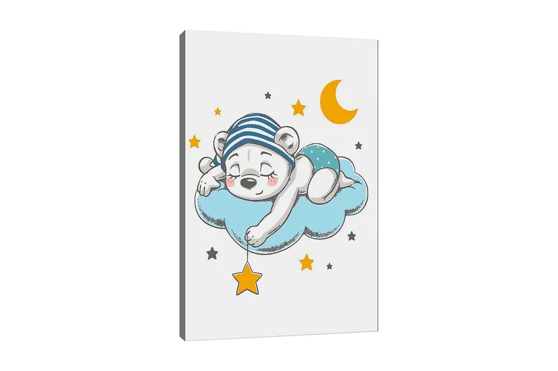 Canvastavla 70x100 cm - Sovande isbjörn som ligger på en moln med stjärnor och en måne runt omkring sig, Blå / Gul / Svart