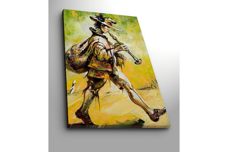 Canvastavla 70x100 cm - Spelman som går framåt med en säck på ryggen och spelar på sin flöjt - Grön / Gul / Brun - Inredning - Tavlor & konst - Canvastavlor