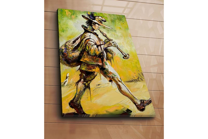 Canvastavla 70x100 cm - Spelman som går framåt med en säck på ryggen och spelar på sin flöjt - Grön / Gul / Brun - Inredning - Tavlor & konst - Canvastavlor