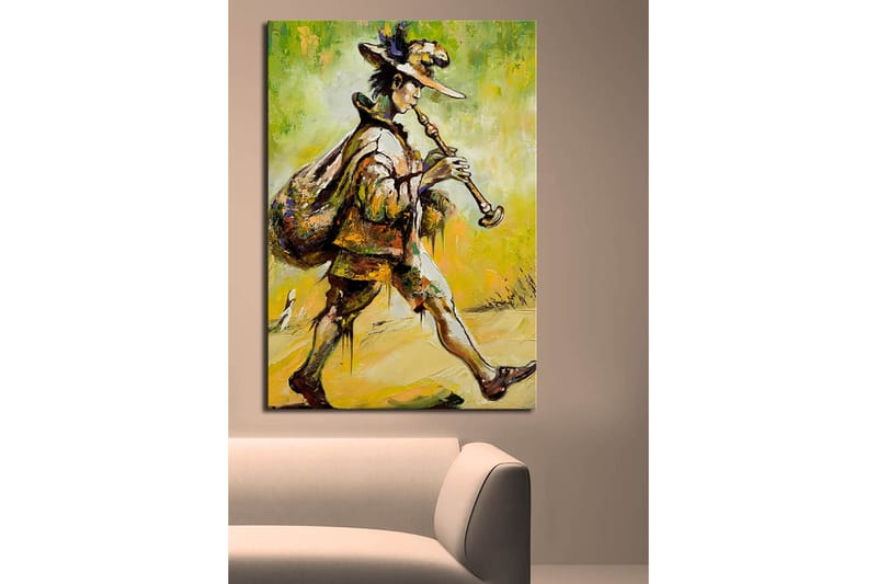 Canvastavla 70x100 cm - Spelman som går framåt med en säck på ryggen och spelar på sin flöjt - Grön / Gul / Brun - Inredning - Tavlor & konst - Canvastavlor