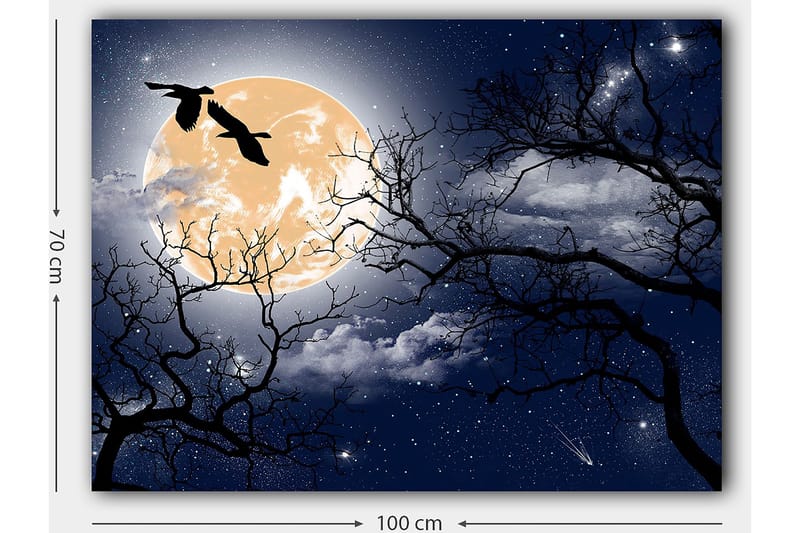 Canvastavla 70x100 cm - Stämningsfull nattlandskap med en stor måne och silhuetter av träd samt fåglar som flyger över himlen - Mörkblå / Svart / Ljusgul - Inredning - Tavlor & konst - Canvastavlor